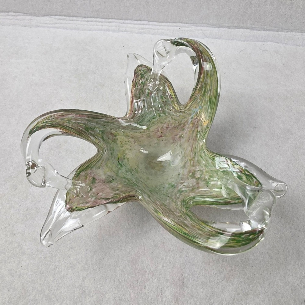 Vintage Italian Murano Style Art Glass Basket Green Pink Swirl Made in Italy